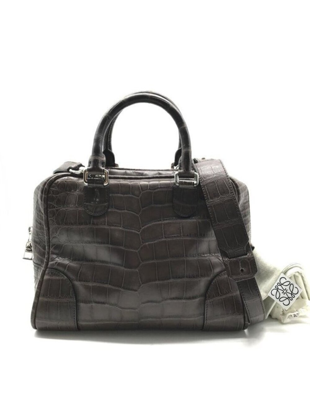 Loewe 2-Way Hand Mini Boston Shoulder Bag Amazona Croco Embossed Brown